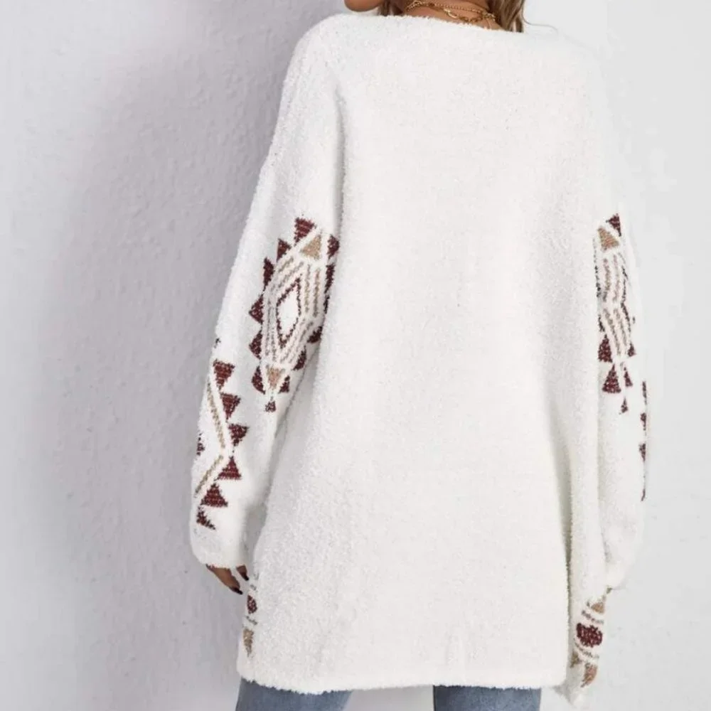 Boho Geo Print Open front Fuzzy  Soft comfy Knit Sweater Cardigan - Picture 2 of 5